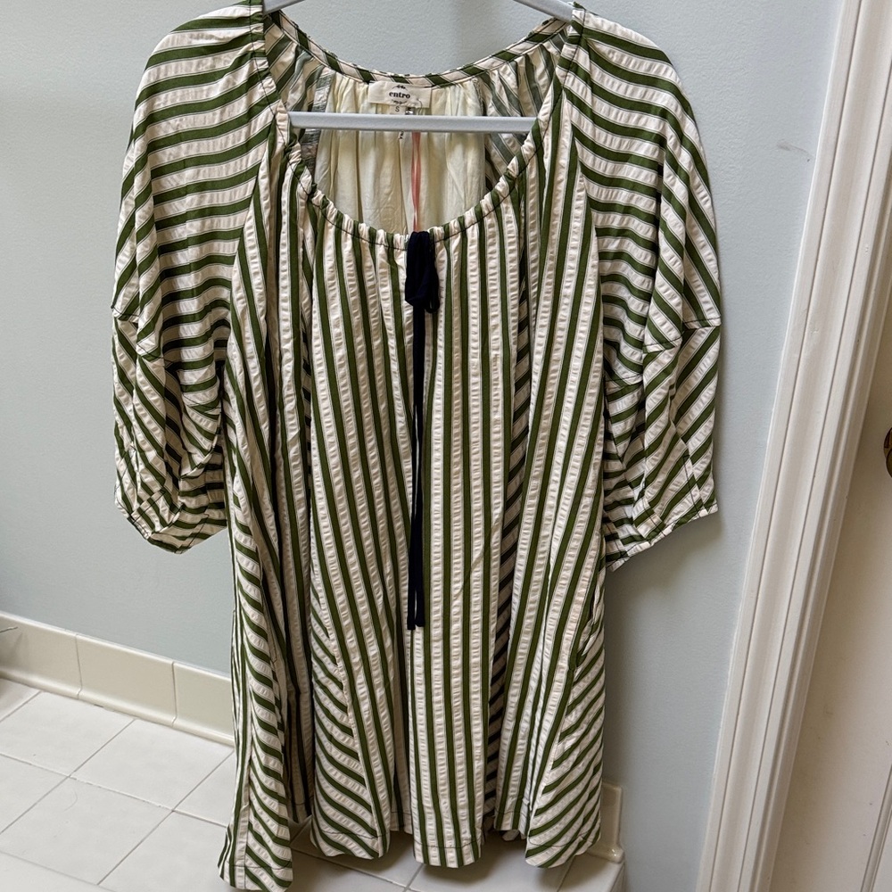 Entro Green and White Striped Mini Swing Dress